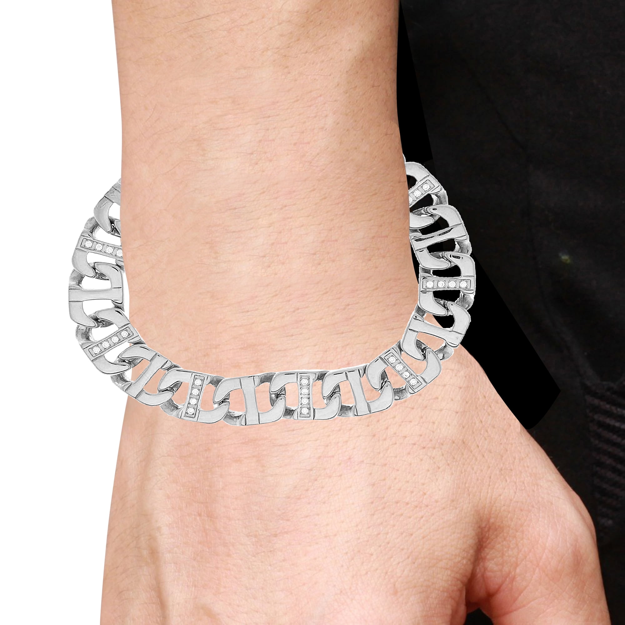 Mens Stainless Steel Anchor Link Chain Bracelet With Cubic Zirconia