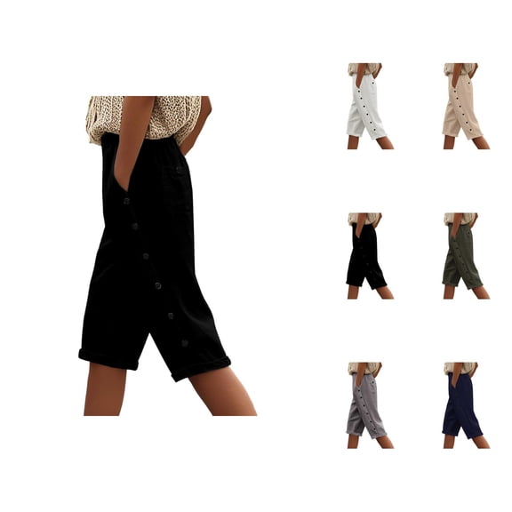 Capri Pants for Women 2025 Elastic High Waist Button Lightweight Casual Loose Capris with Pockets Womens Cropped Pants