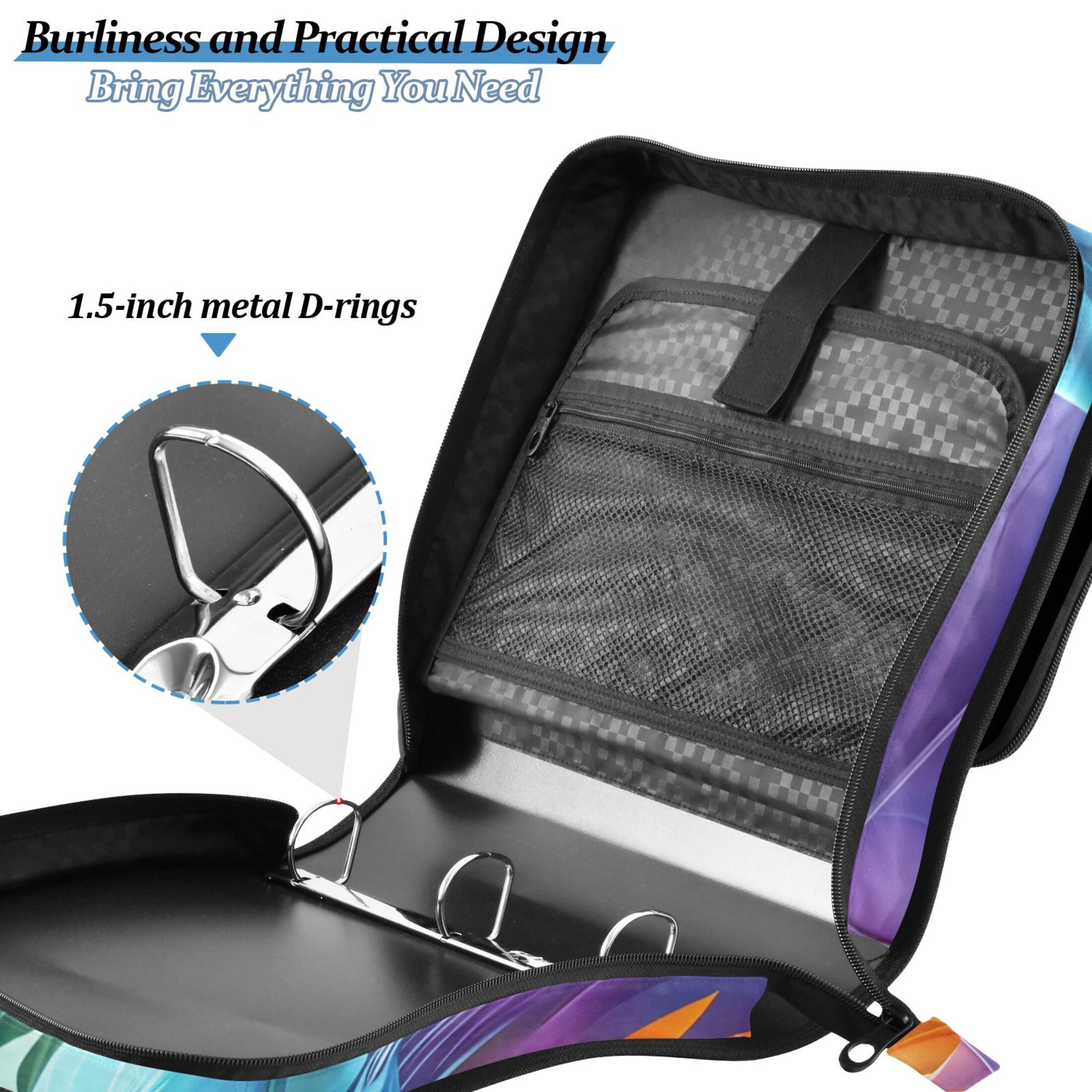 3 Ring Zipper Binder with Shoulder Strap Waterproof Trapper Keeper 2 Inch D-Ring 500 Sheets Capacity Colorful Feathers