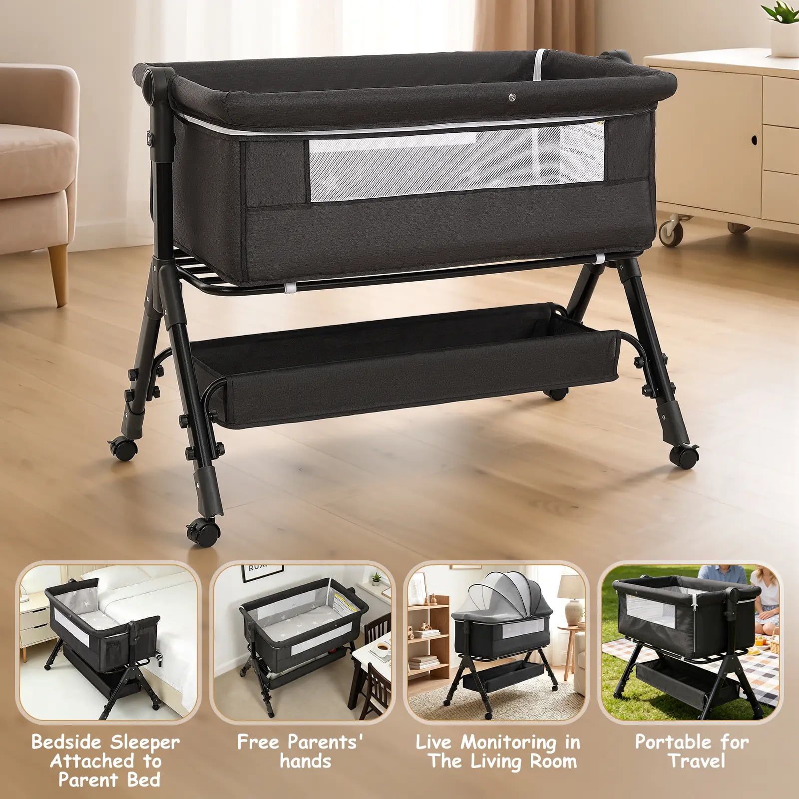 Poit Baby Bassinet Sleeper, Adjustable Bedside Sleeper, Lightweight and Convenient for 0-18 Months, Dark Gray