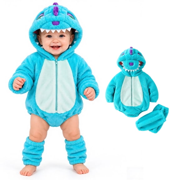 Baby Girls Long Sleeve Hooded Zipper Bodysuit with Socks Two Piece Set Dinosaur Halloween Party Clothes Halloween for Girls Size 3-24 Months