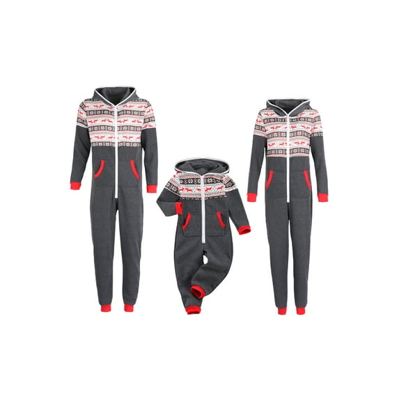 Qiylii Family Matching Christmas Pajamas Set, Snowflake Pattern One-Piece Hooded Zip-Front Rompers