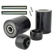 Pallet Jack/Truck Load Wheels Full Set with Axles and Entry Exit Roller 3" x 3.75" with Bearings ID 20mm Poly Tread Black