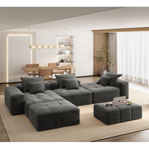 Modern Oversized Chenille Fabric Sectional Sofa 184cm with 6 Pillows