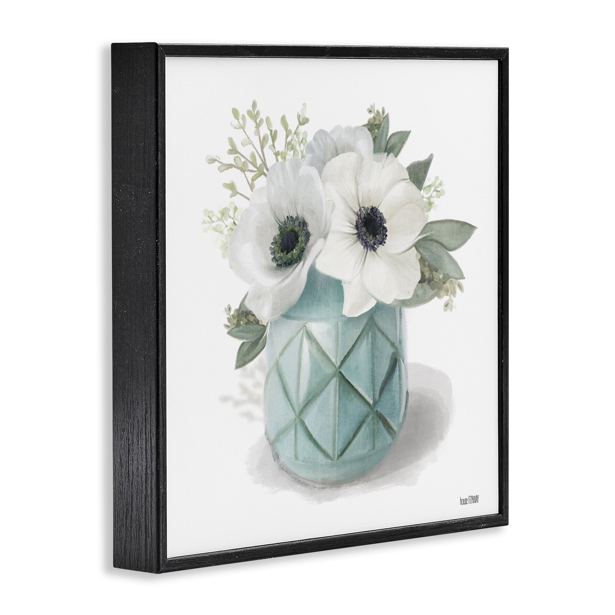 Stupell Industries White Flowers in Turquoise Vase Botanical & Floral Painting Black Framed Art Print Wall Art, 17 x 17