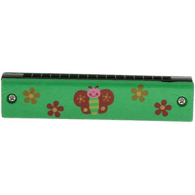 1pc Wood Harmonica Cartoon Double 16 Holes For Children Musical Instrument - Green