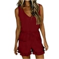 thumbnail image 2 of fheaev Romper for Women Summer Casual Lace-Up Sleeveless Spaghetti Strap Round Neck Loose Fit Shorts with Pockets Wine M, 2 of 6