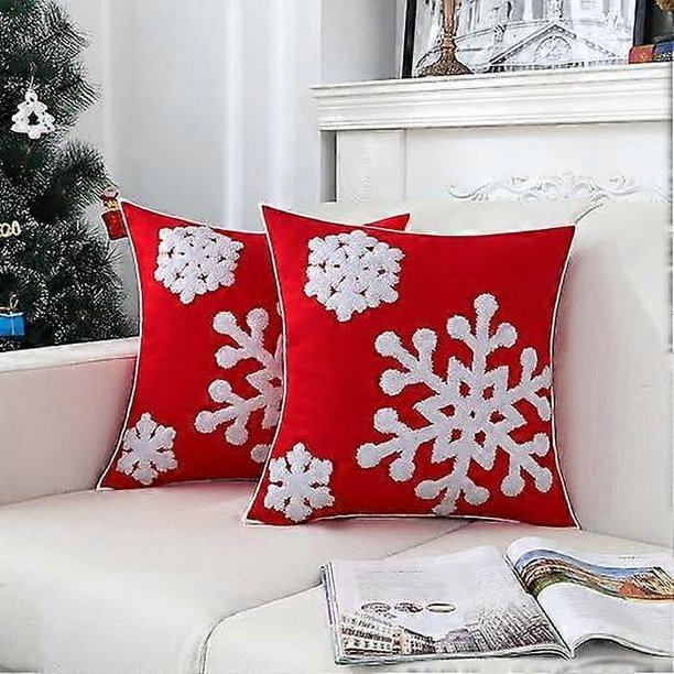 Fundas de almohada de invierno de Papá Noel con copos de nieve bordados, suaves, gruesas, cuadradas y sólidas, paquete de 2, 18 x 18 pulgadas