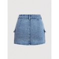 thumbnail image 2 of Womens Medium Wash Denim Mini Skirt With Cargo Flap Pockets And Button, 2 of 30