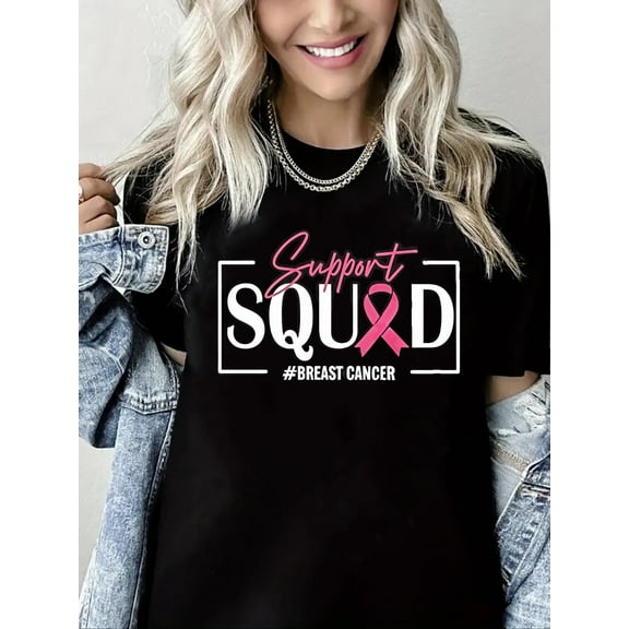 Pink Ribbon Print Breast Cancer Short Sleeve Shirt for Women