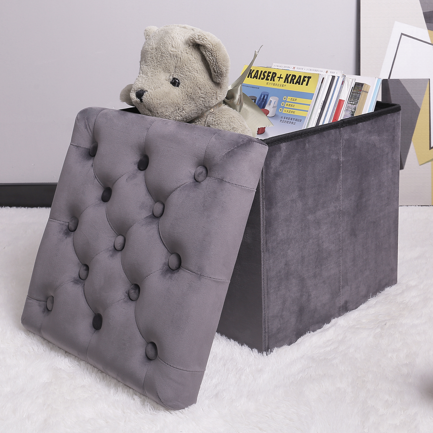 PINPLUS 15.7" Folding Grey Velvet Ottoman Storage Box, Footstool for Living Room,Foot Rest Seat with Lid - image 3 of 10
