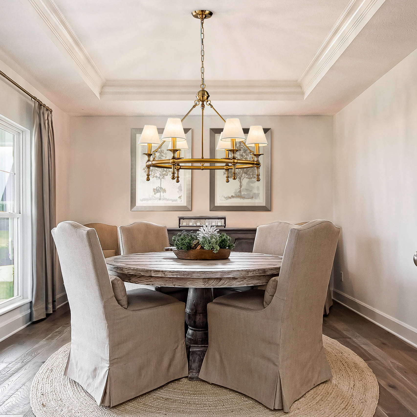 6-Light W34 in Vitage Brass Chandelier Untique Classic Lighting with White Fabric Lamp Shade for Dining Room
