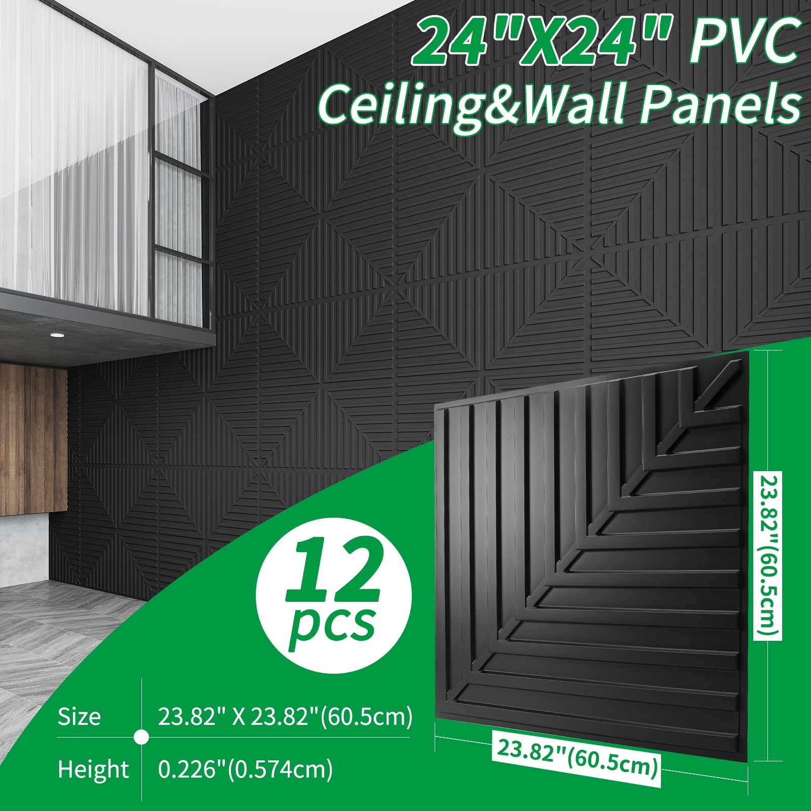 Art3d 24''X24'' Black Drop Ceiling Tiles, PVC 3D Textured Panels for Interior Wall Décor,12-Pack,48sq.ft.
