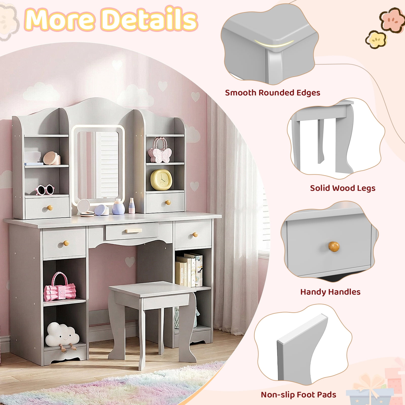 Pirecart Kids Vanity with 3 Color Lights, Girls Vanity Set with Mirror, Storage Drawer, Pretend Play Makeup Desk, with Detachable shelf, Gray