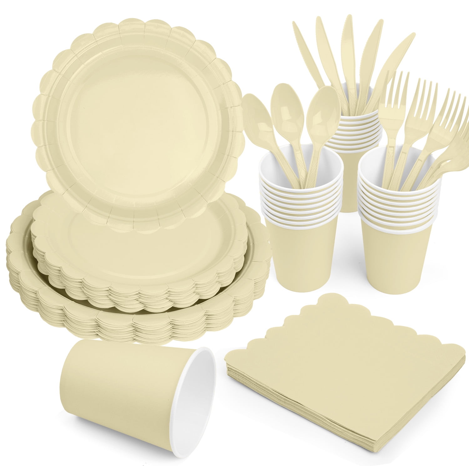 Inadays 175Pcs Disposable Party Supplies Includes Beige Paper Plates Cup Napkins Forks Spoons Knives, Dinnerware Set for Garden Party Birthday BBQ Baby Shower Wedding, Serve 25 Guests