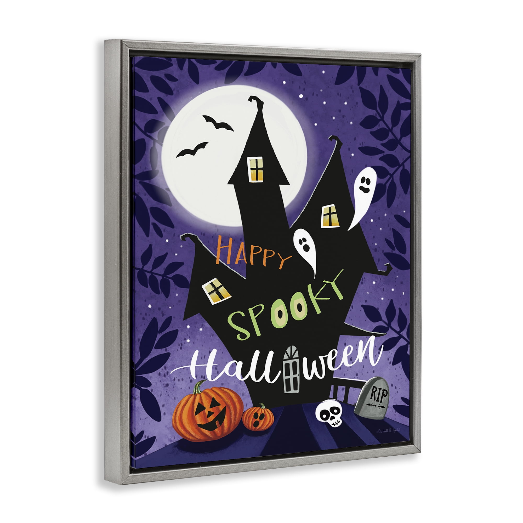 Stupell Industries Spooky Halloween House Holiday Painting Gray Floater Framed Canvas Art Print Wall Art, 25 x 31