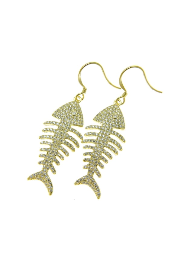 Yellow gold plated 925 sterling silver Hawaiian fish bone cz 14.85mm hook earrings