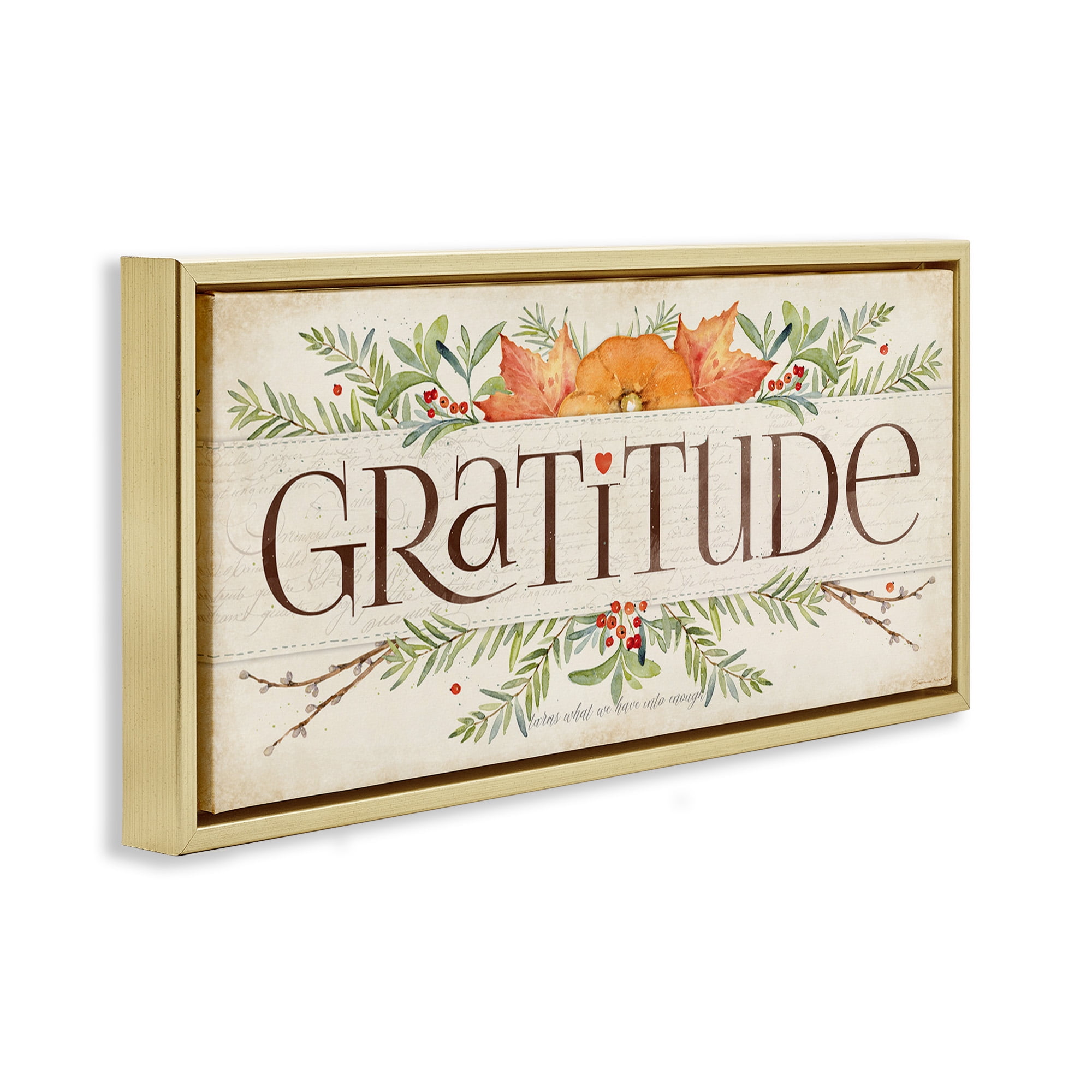 Stupell Industries Seasonal Gratitude Floral Leaves Typography Painting Gold Floater Framed Canvas Art Print Wall Art, 31 x 14