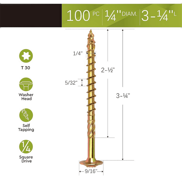 1/4 x 3-1/4In Wood Screws Structural Delay Screws Torx T30 Drive Zinc Structural Delay Screws-Modified Truss Washer Head