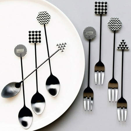 

Hadanceo Dessert Fork Chess Grid Wave Printing Rust-resistant Anti-slip Dessert Spoon Salad Fork for Restaurant