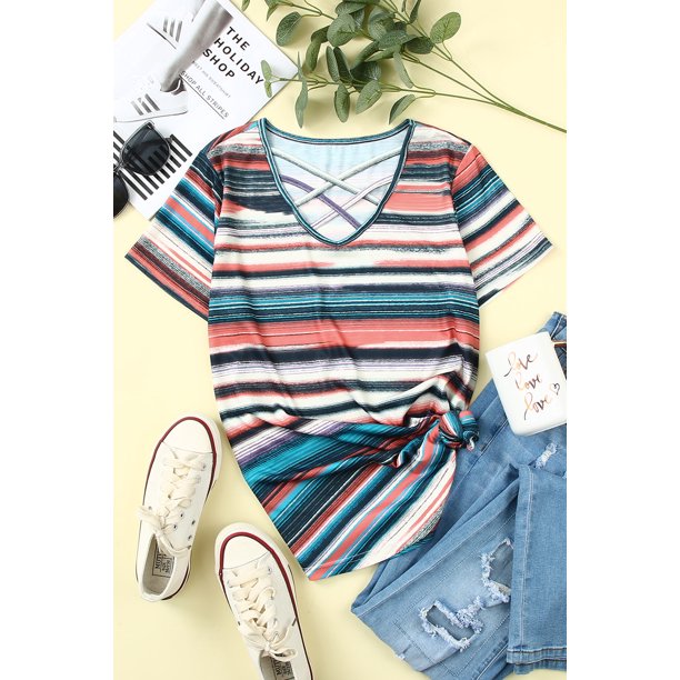 ABPHQTO Top De Mujer De Manga Corta Con Cuello Cruzado A Rayas Multicolor