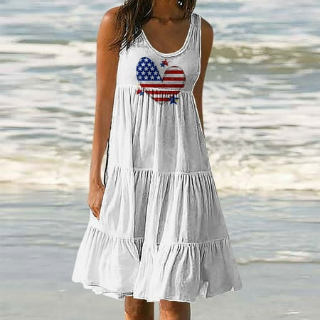 VBTAPA Plus Size Dresses for Women 4th of July Sleeveless Tunic Midi Dress Loose Flowy Beach Sundresses American Flag Heart Casual Pleated Dresses Lightning Deals of Today Prime White XL