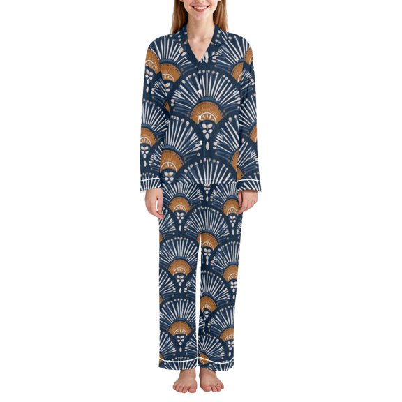 FORMRS Womens Pajama Set Long Sleeve Top and Pants with Pockets Soft Comfy Lounge Sleepwear, Sizes S-2XL, Blue Elegant Geometric