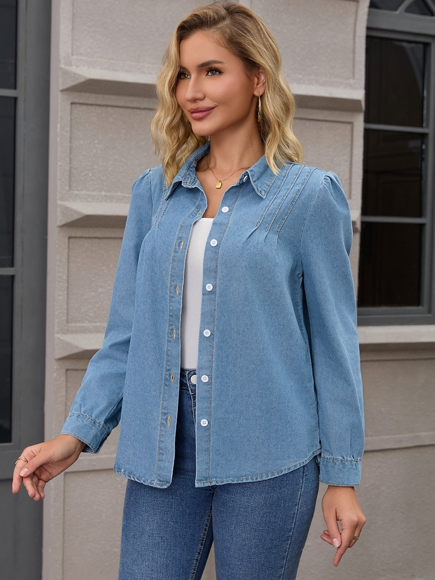 DARING DIVA Women's Denim Pleated Front Puff Long Sleeve Button Down Shirts S Blue
