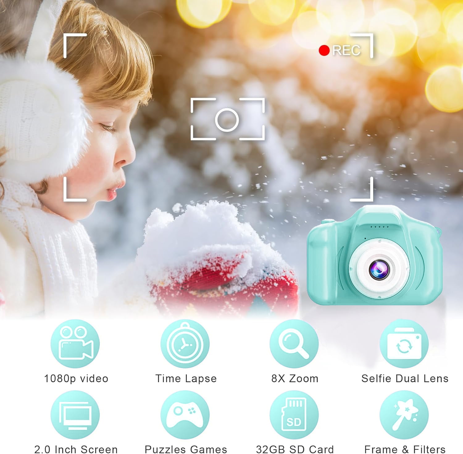 PayUSD Kids Camera 1080p HD Digital Video Camera for Kids 32gb Sd Card Mini Rechargeable Toddler Toys Christmas Birthday Festival Gifts for for 3-12 Years Kids, Green