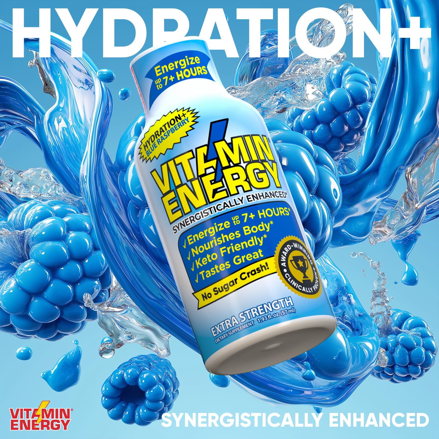 Vitamin Energy Hydration+ Shot, Blue Raspberry, 24 Pack – 260mg Natural Caffeine, Electrolytes & BCAAs, Zero Sugar, 1.93 fl oz