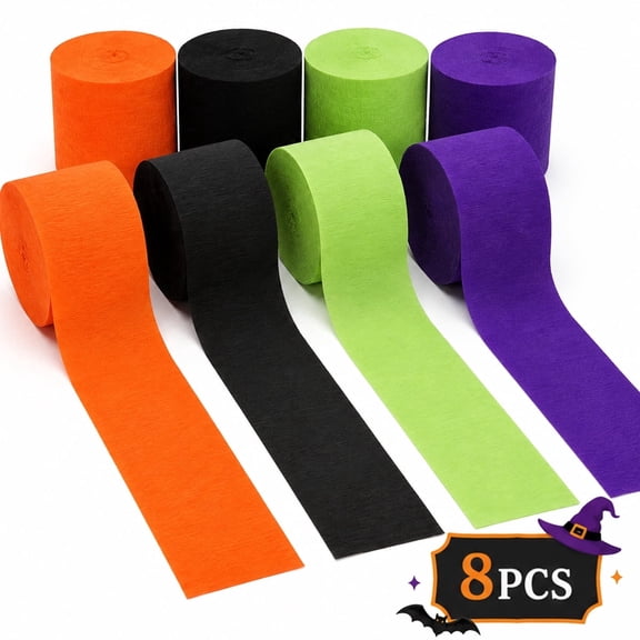 YSLX 8 Rolls Crepe Paper Streamers, Total 82 Ft Halloween Party Decorations, Orange Black Green Purple Crepe Paper for Festival Backdrop Decor