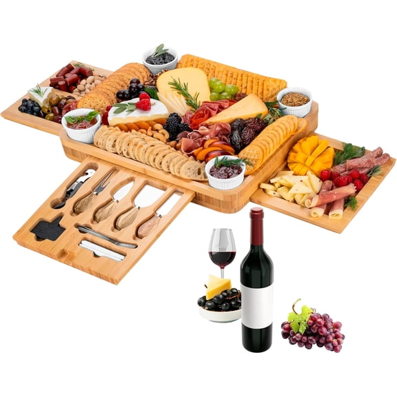 Tabla de Quesos Bluelander, Juego de Tablas y Cuchillos, Cuencos y Tendedores, Diseño Rectángular, Bambú