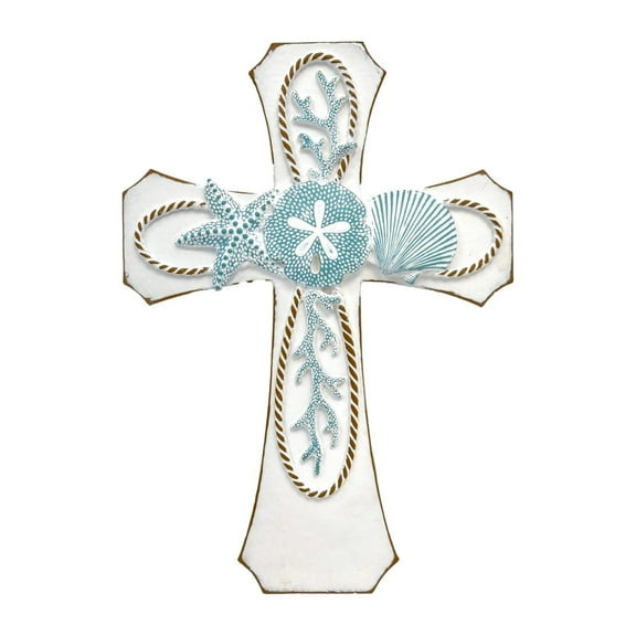 Coastal Nautical Spiritual Wall Cross with Starfish, Coral, and Sea Shell Design, Beach House Décor, White Resin Religious Wall Art, Decorative Gift for Ocean Lovers and Coastal-Themed Homes