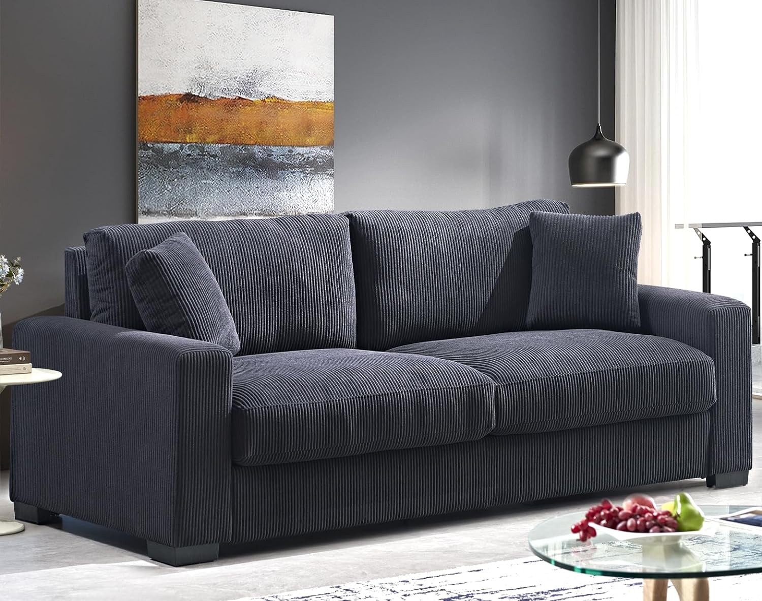 Us Pride Furniture Contemporary Corduroy Spacious Standard Sofa with Pillows, Black