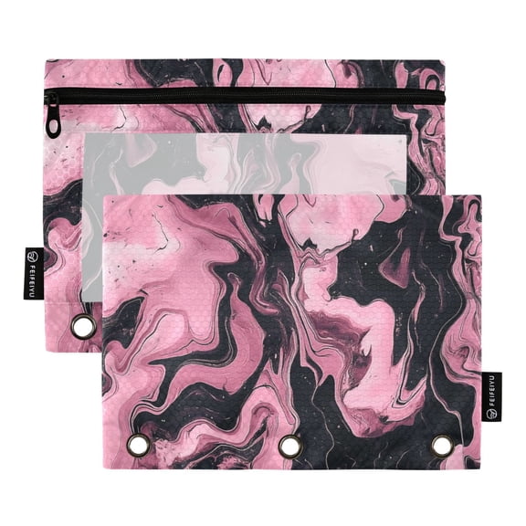 2 Pack Flip Folders with Clear PVC Window Binder Pouches 3-Ring Binder Organizer for Office & Home Pink and Black Marble Pattern
