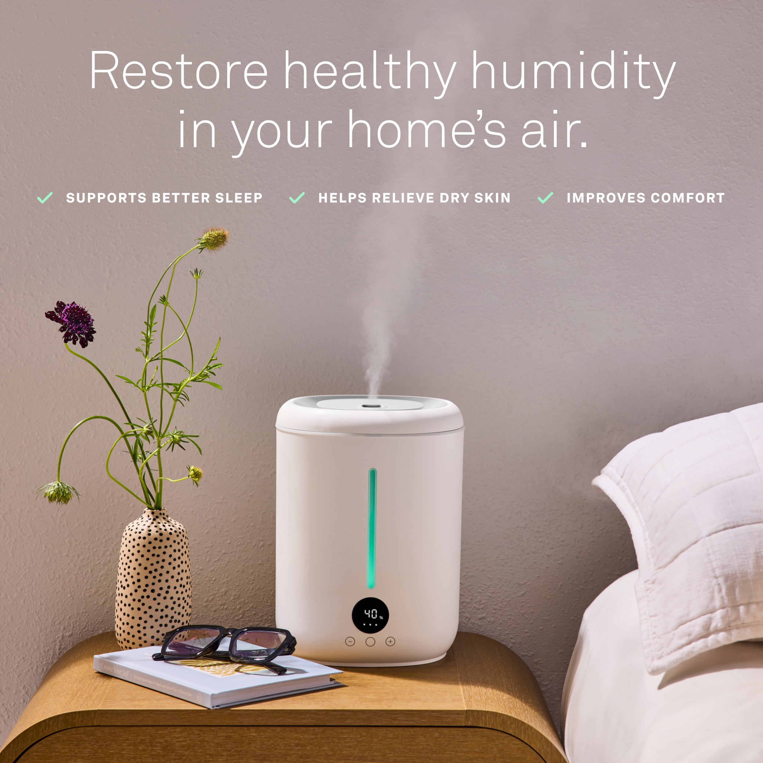 Molekule Glow Humidifier, Smart Ultrasonic Humidifier, Indoor Air Moisture, 2.8L Tank