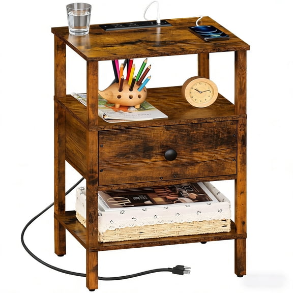 Buildhom Nightstand with Charging Station & USB Ports, 3-Tier Wood End Table with Drawer Shelf for Small Spaces, Living Room, Brown