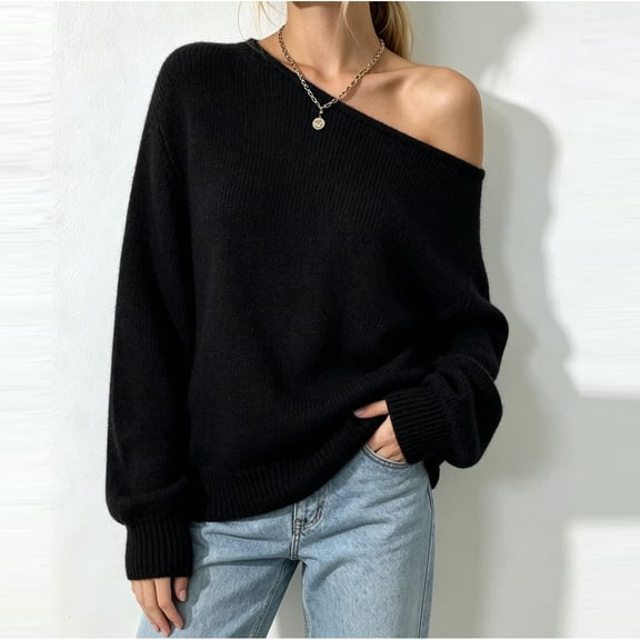 Women's Off Shoulder Boat Neck Knit Sweater, Long Sleeve Oversized Loose Pullover Tops for Casual Daily Outfits M