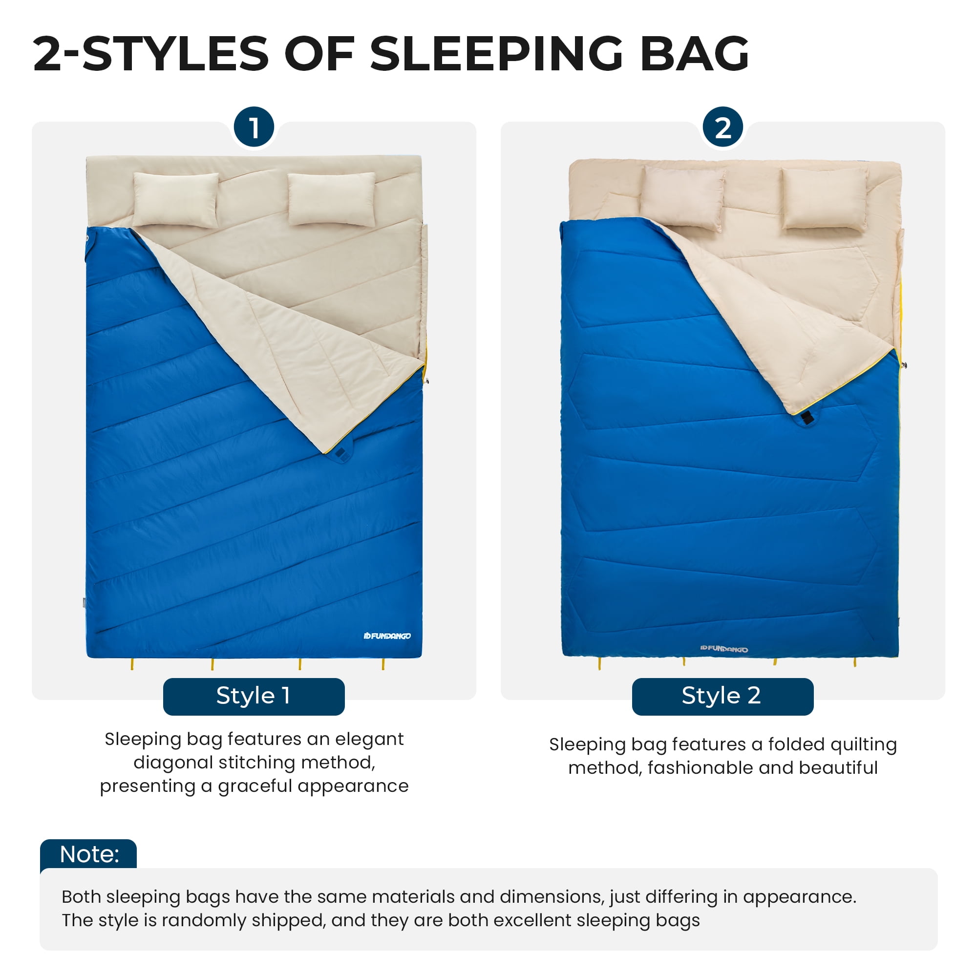 FUNDANGO Two Person Sleeping Bags with Pillows 220cm*150cm Double Camping Sleeping Bags with Compression Sack Queen Size 39.2°F-62.6°F Keep Warm Sleeping Bag, 6.1lbs, Blue