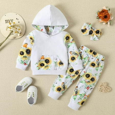 

QISIWOLE Infant Toddler Baby Girls Hooded Long-sleeved Floral Trousers Headband Three-piece Set clearance under 5 !