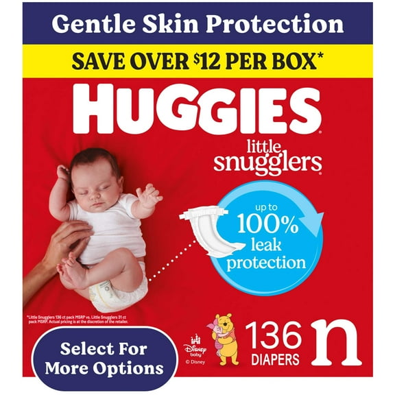 Huggies Little Snugglers Fragrance Free Baby Diapers, Size Newborn (up to 10 lbs), 136 Count (Select for More)