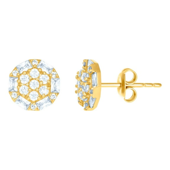 10k Yellow Gold Womens Baguette Round Cubic Zirconia Fashion Stud Earrings 10x10mm Wide Stud Earring for Women