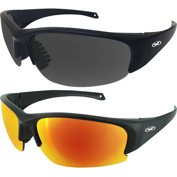 2 Pairs of Global Vision Eyewear Eyedol Motorcycle Safety Sunglasses Black Frames Smoke   G Tech Red Mirror Lenses