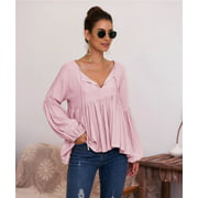 Women's Fashion Puff Sleeve Solid Color And V-neck Tops Long-Sleeved T-shirt
