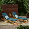thumbnail image 2 of GDF Studio Lillian Outdoor Acacia Wood Armless Adjustable Chaise Lounges with Cushion, Set of 2, Teak and Blue, 2 of 10