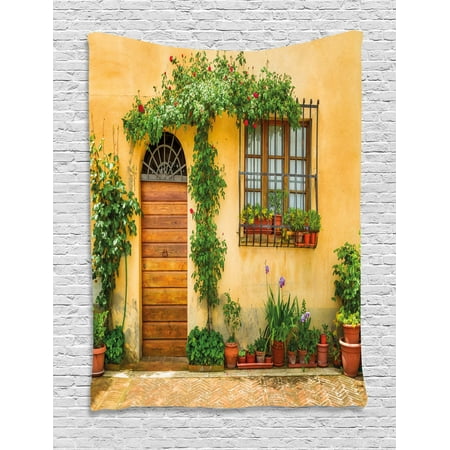 Italy Tapestry, Porch with Different Flowers Pots Fresh Green Plants City Life in Tuscany, Wall Hanging for Bedroom Living Room Dorm Decor, Apricot Green Brown, by