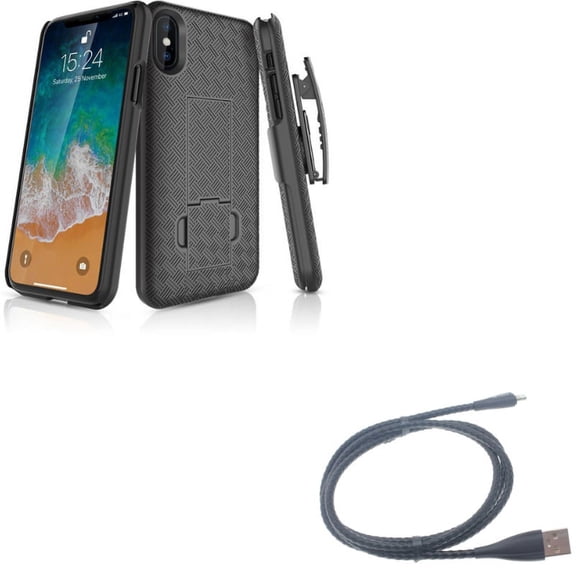 Case Belt Clip w Metal USB Cable for iPhone XS/X - Holster Swivel Cover Kickstand Armor, 3ft Charger Cord Power Wire Braided for iPhone XS/X
