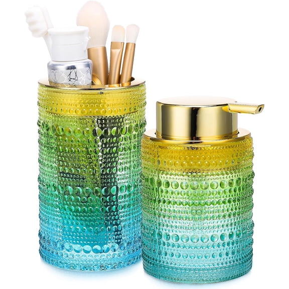 Bathroom Accessories Set, 2 Pcs Gradient Color Glass Bathroom Accessory Sets with Toothbrush Holder, Hand Foaming Soap Dispenser, Bathroom Tumbler and Mouthwash Cup, Modern Bathroom Decor