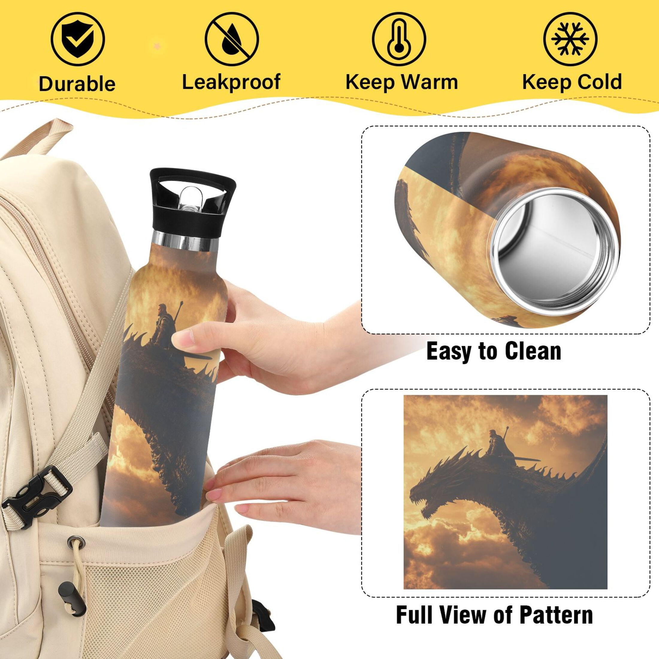 600ML Stainless Steel Insulated Cup Sports Water Bottle Portable Thermos Cup Water Glasses Insulated Tumblers Convenient and Durable Riding A Dragon