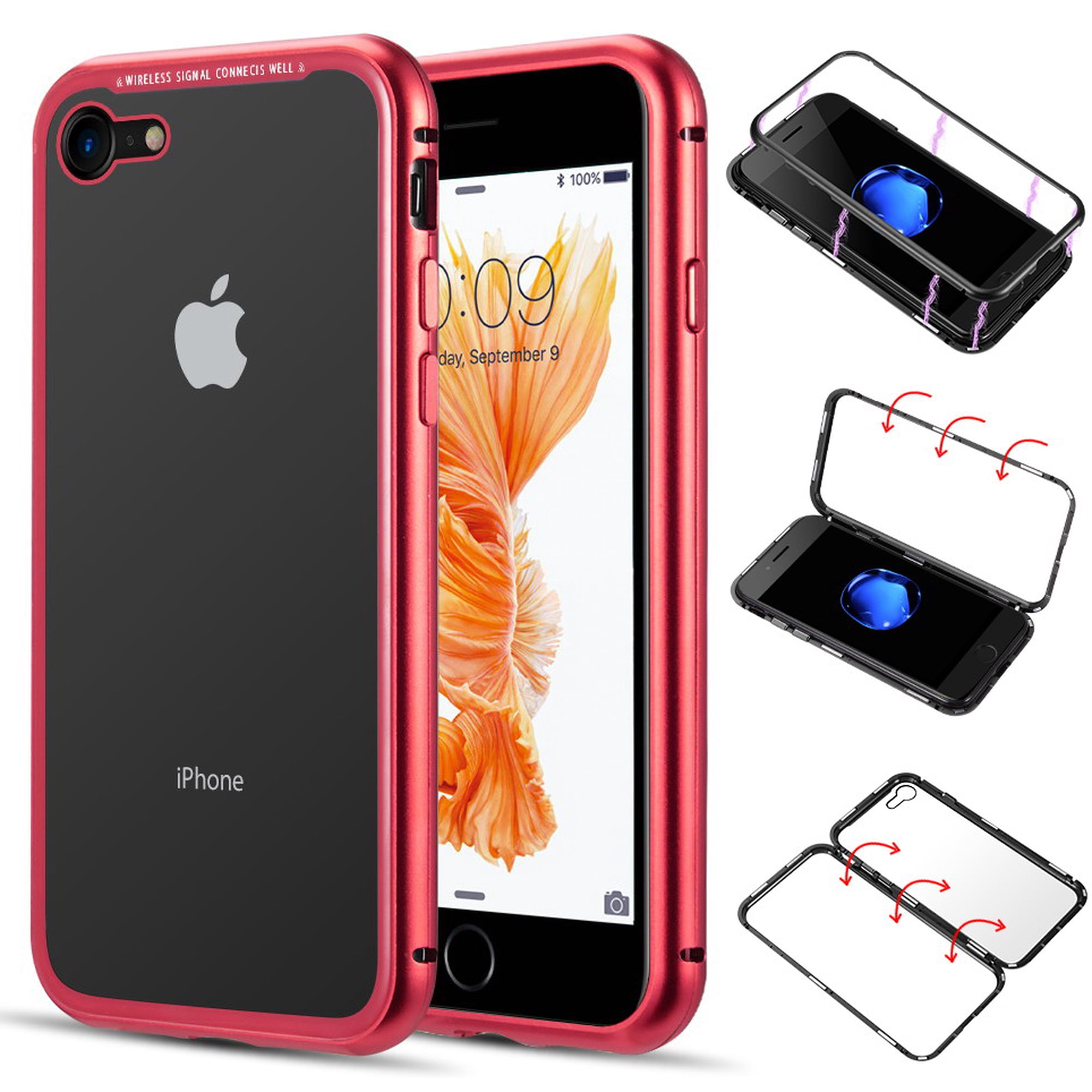 Nakedcellphone [Red] MAGNETIC Snap-On Case Aluminum Cover with Transparent Rear 9H Hard TEMPERED GLASS Clear Protector for Apple iPhone 8, iPhone 7